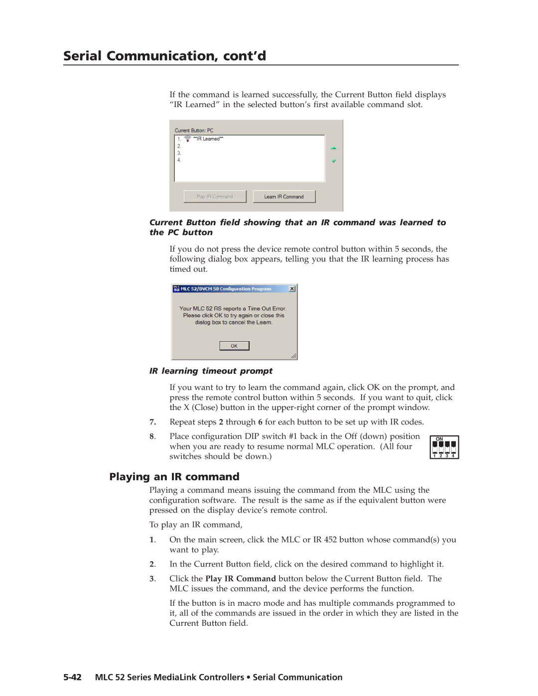 Extron electronic MLC 52 manual Playing an IR command, IR learning timeout prompt 