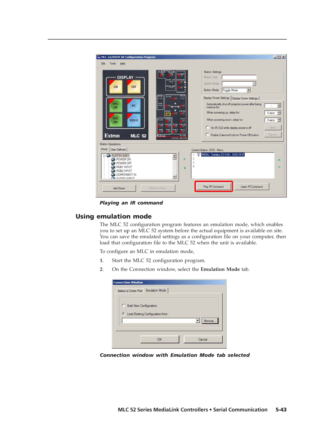 Extron electronic MLC 52 Using emulation mode, Playing an IR command, Connection window with Emulation Mode tab selected 