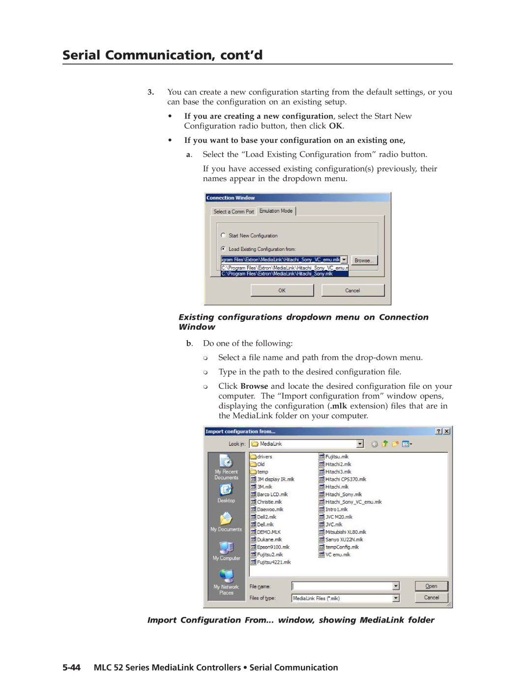 Extron electronic MLC 52 manual Existing configurations dropdown menu on Connection Window 