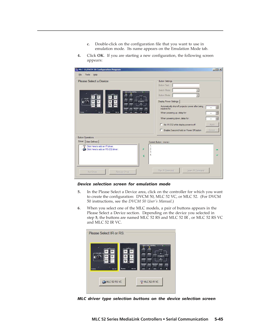 Extron electronic MLC 52 manual Device selection screen for emulation mode 