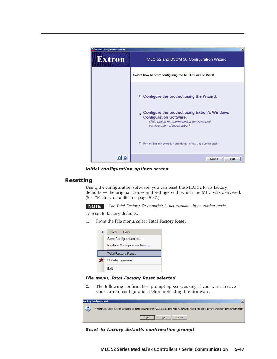 Extron electronic MLC 52 Resetting, File menu, Total Factory Reset selected, Reset to factory defaults confirmation prompt 