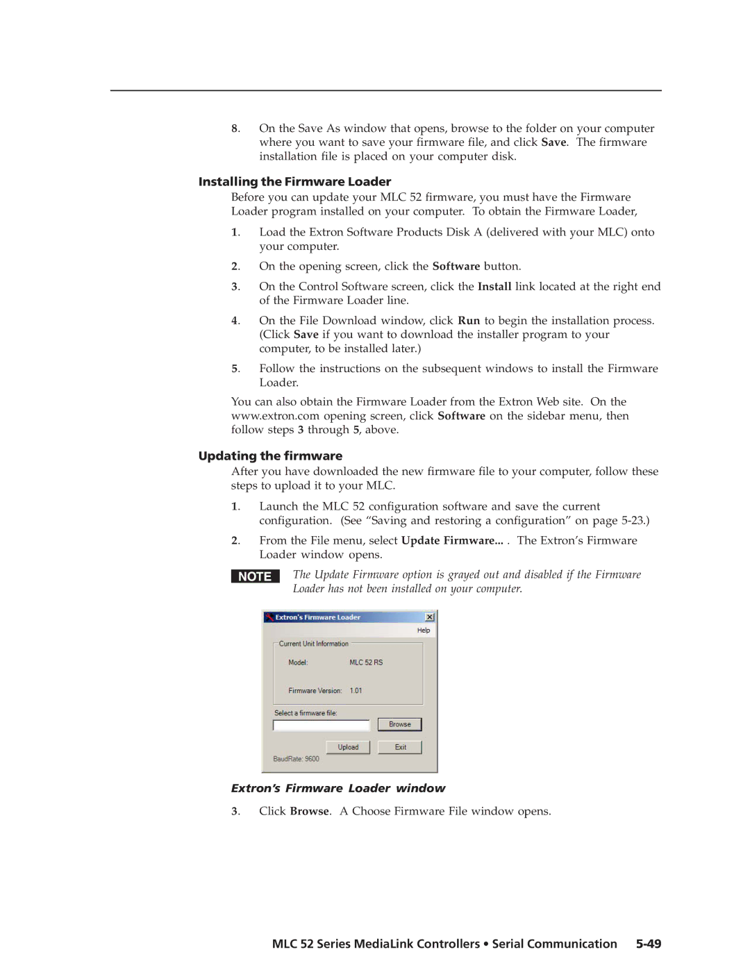 Extron electronic MLC 52 manual Installing the Firmware Loader, Updating the firmware, Extron’s Firmware Loader window 