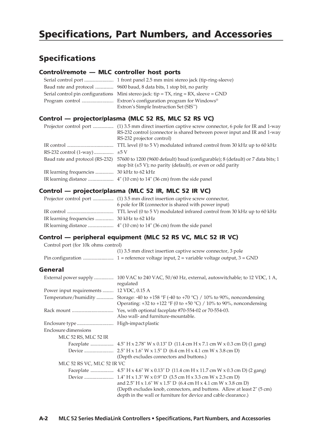 Extron electronic MLC 52 manual Specifications, Part Numbers, and Accessories 