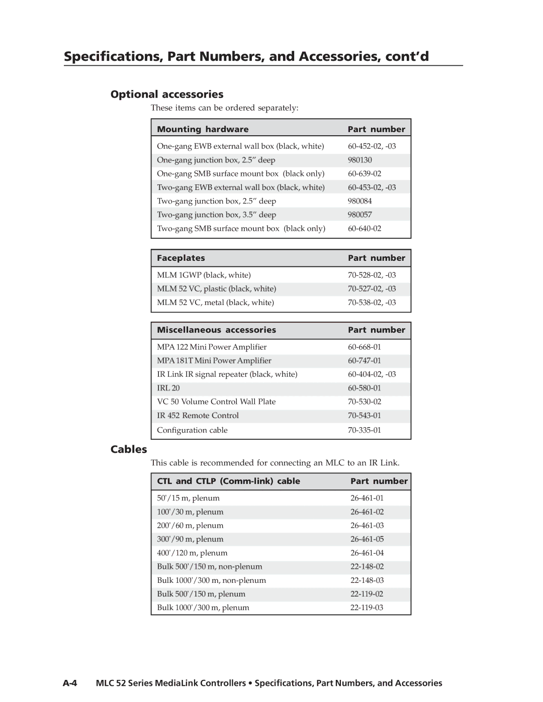 Extron electronic MLC 52 manual Optional accessories, Cables 
