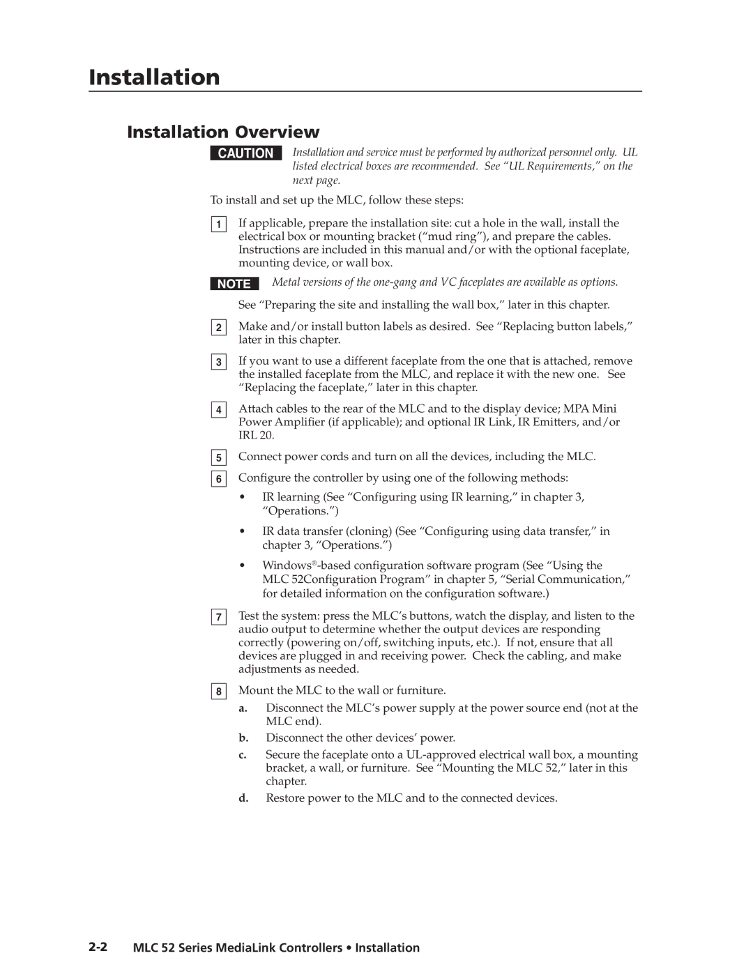 Extron electronic manual Installation Overview, MLC 52 Series MediaLink Controllers Installation 