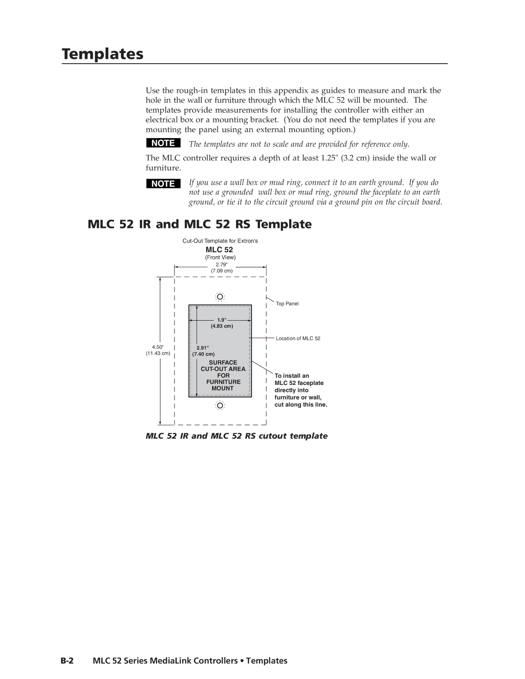 Extron electronic manual MLC 52 IR and MLC 52 RS Template, MLC 52 IR and MLC 52 RS cutout template 