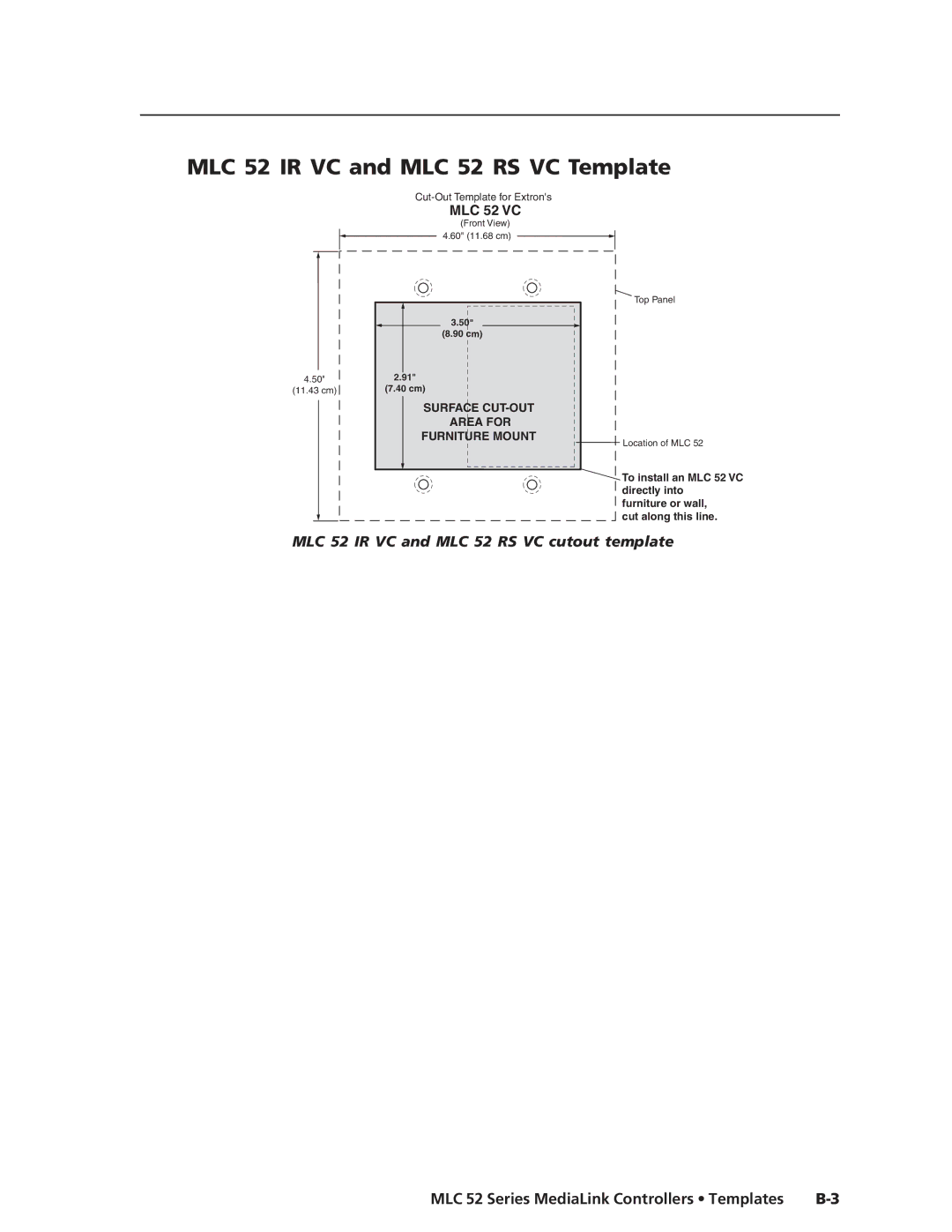 Extron electronic manual MLC 52 IR VC and MLC 52 RS VC Template, MLC 52 IR VC and MLC 52 RS VC cutout template 