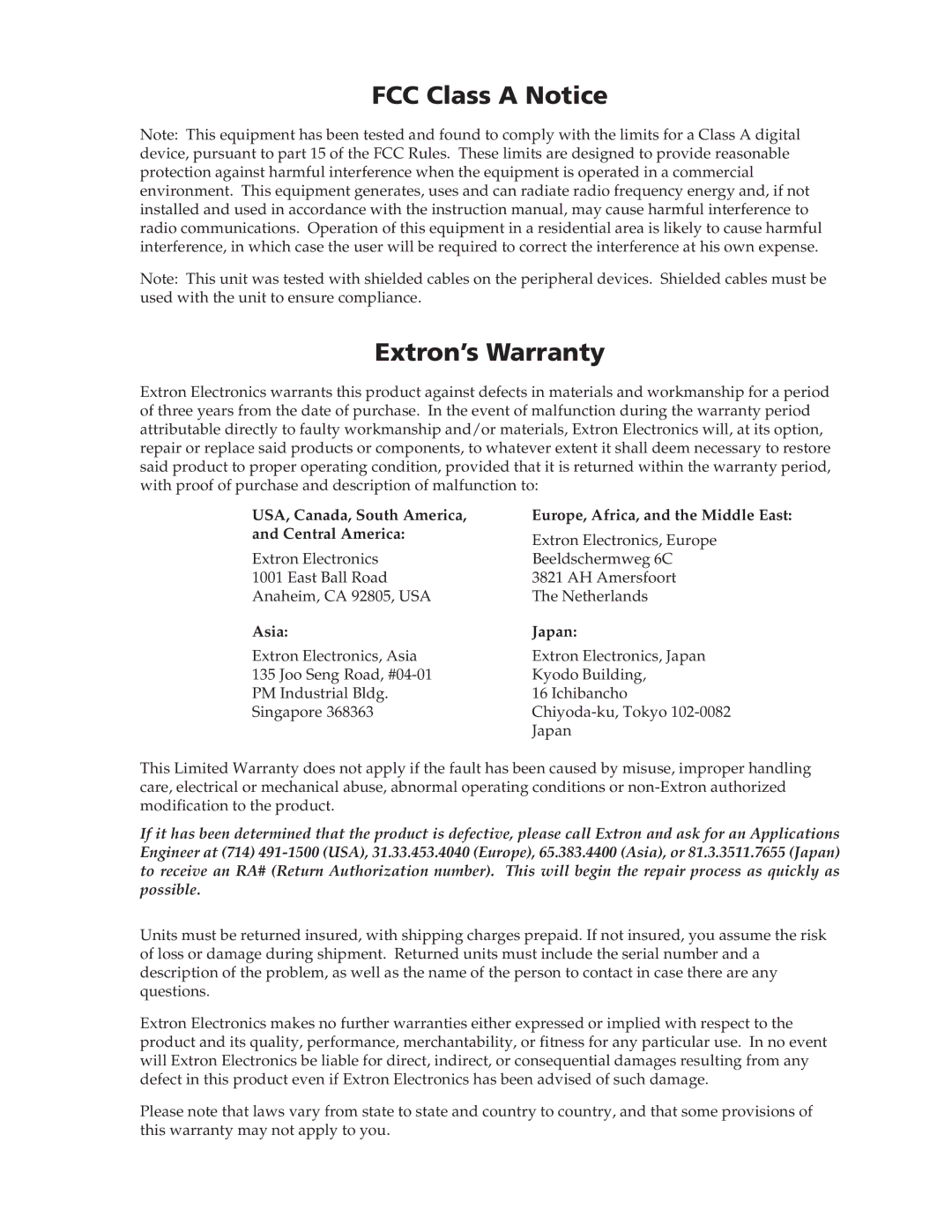 Extron electronic MLC 52 manual FCC Class a Notice Extron’s Warranty 