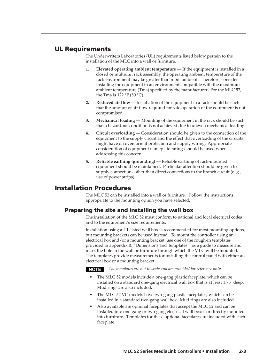 Extron electronic MLC 52 manual UL Requirements, Installation Procedures, Preparing the site and installing the wall box 