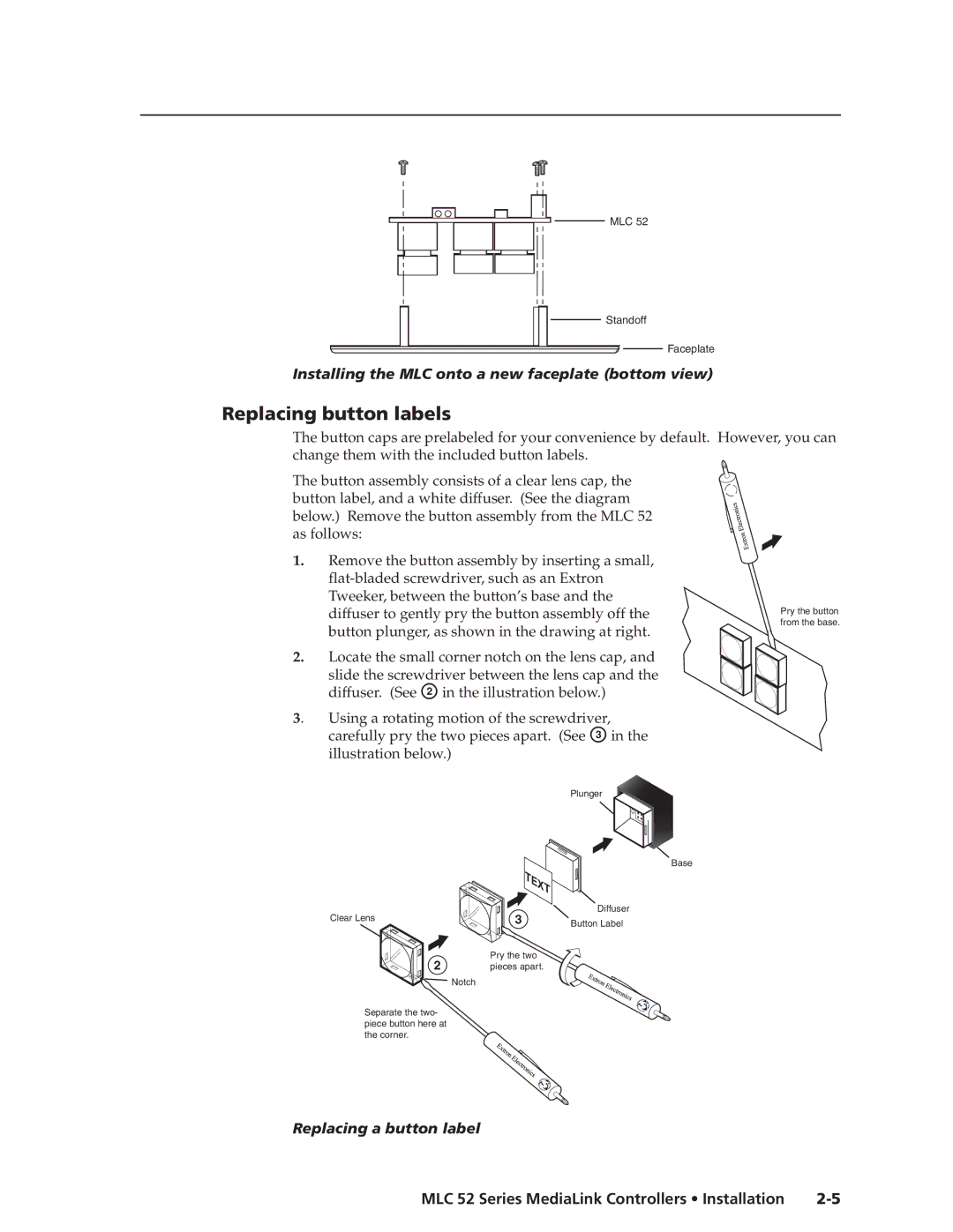 Extron electronic MLC 52 manual Replacing button labels, Installing the MLC onto a new faceplate bottom view 