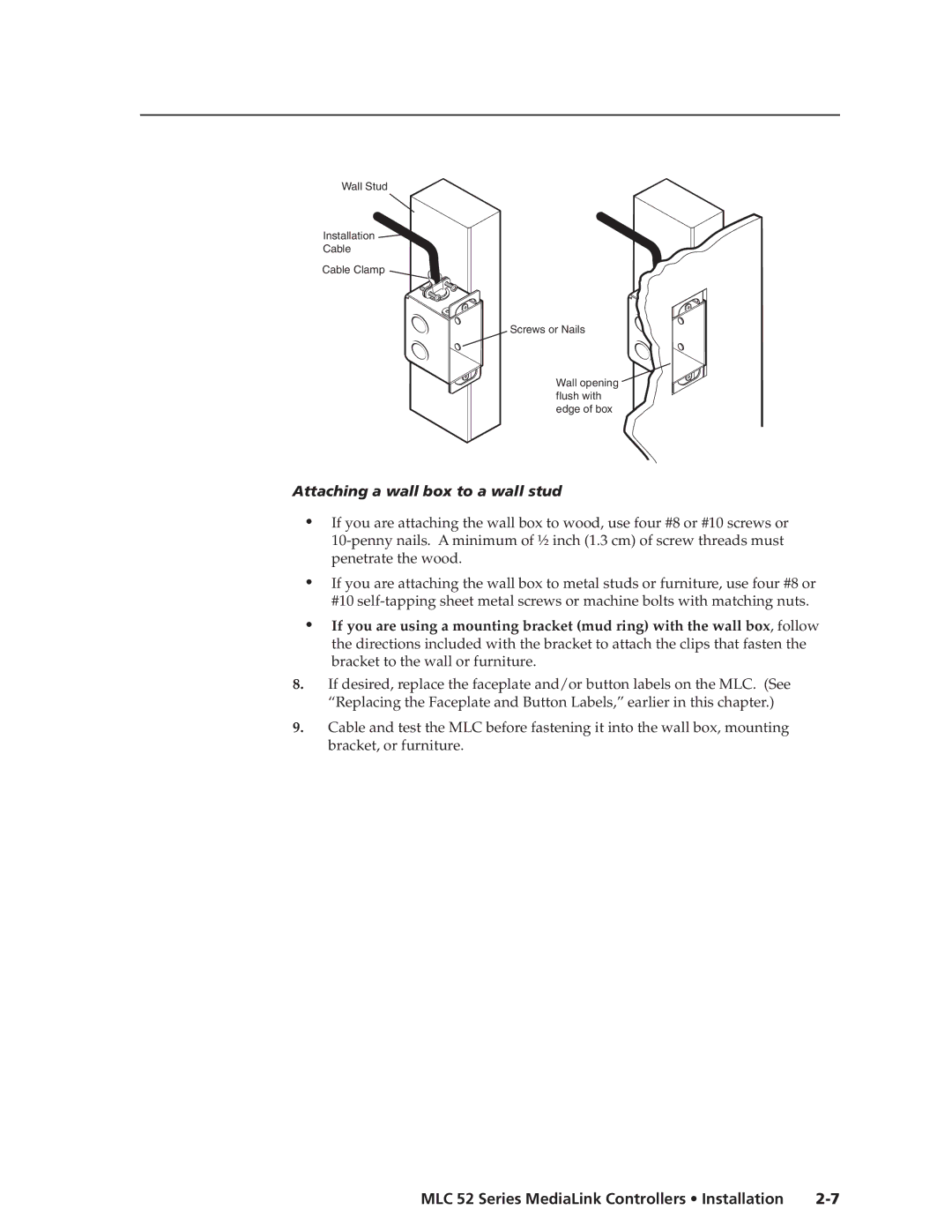 Extron electronic MLC 52 manual Attaching a wall box to a wall stud 