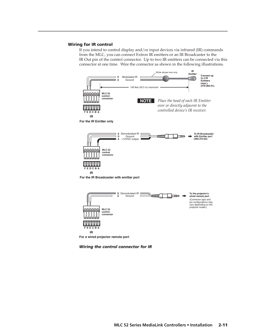 Extron electronic MLC 52 manual Wiring for IR control, Wiring the control connector for IR 