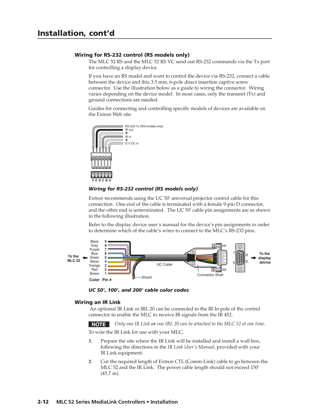 Extron electronic MLC 52 manual Wiring for RS-232 control RS models only, UC 50, 100, and 200 cable color codes 