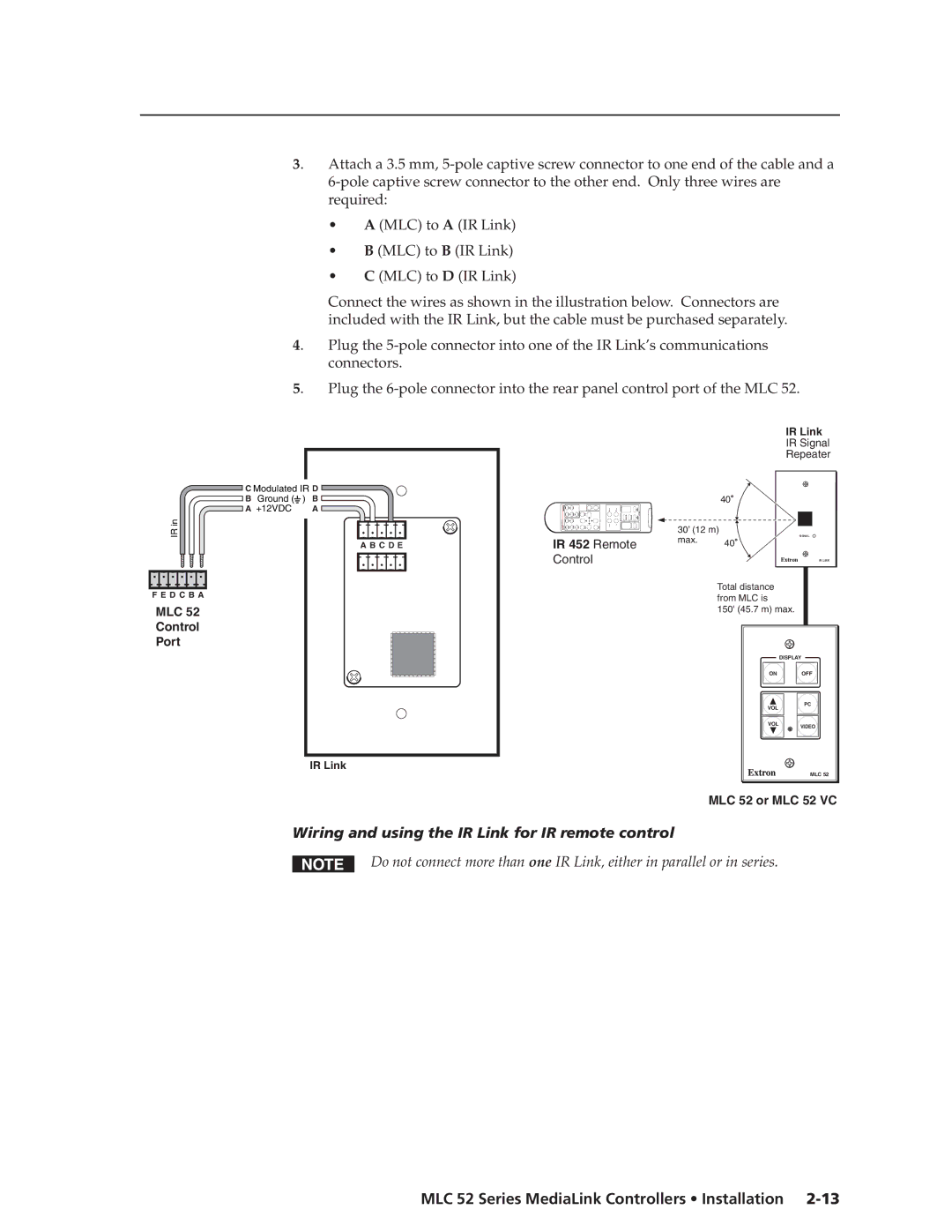 Extron electronic MLC 52 manual Wiring and using the IR Link for IR remote control 