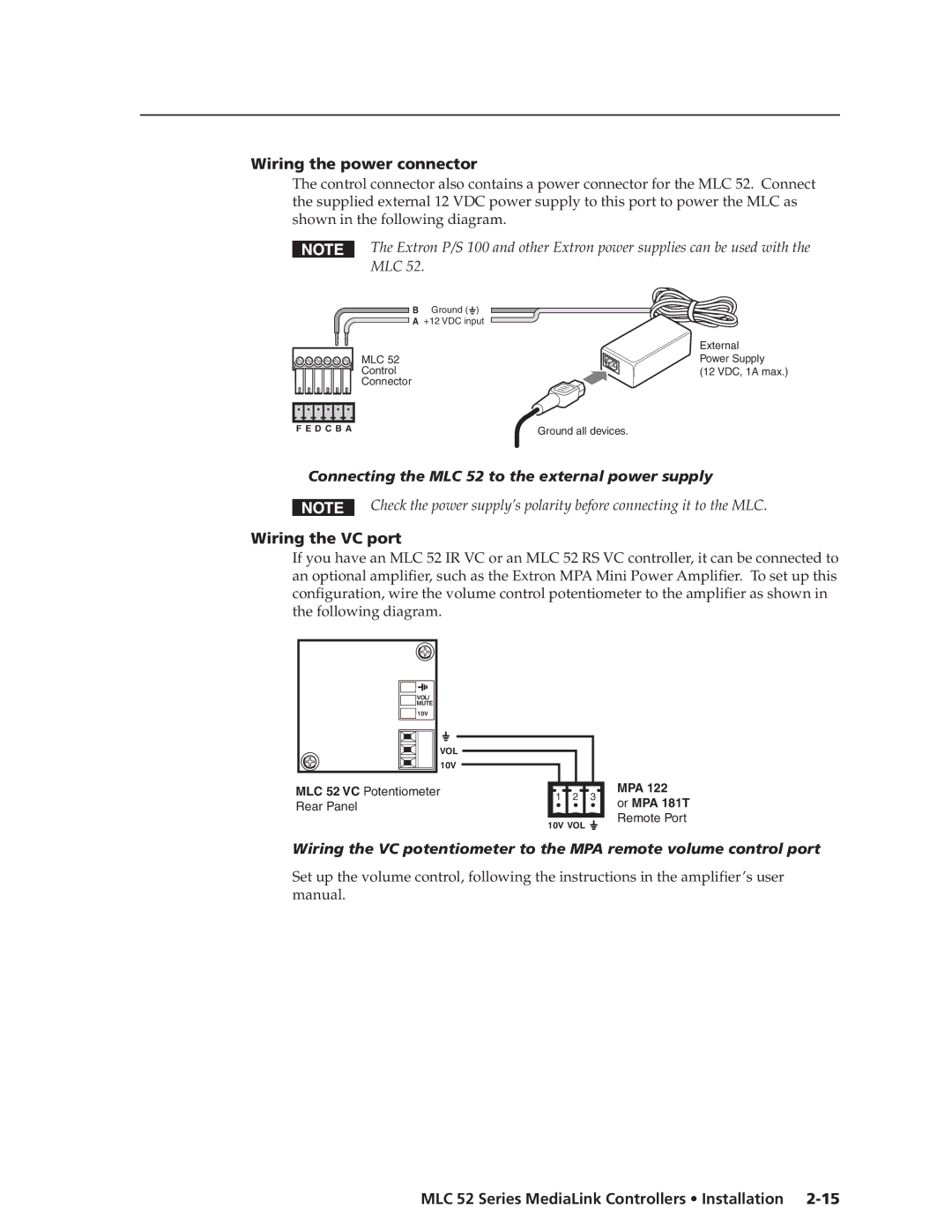Extron electronic Wiring the power connector, Connecting the MLC 52 to the external power supply, Wiring the VC port 