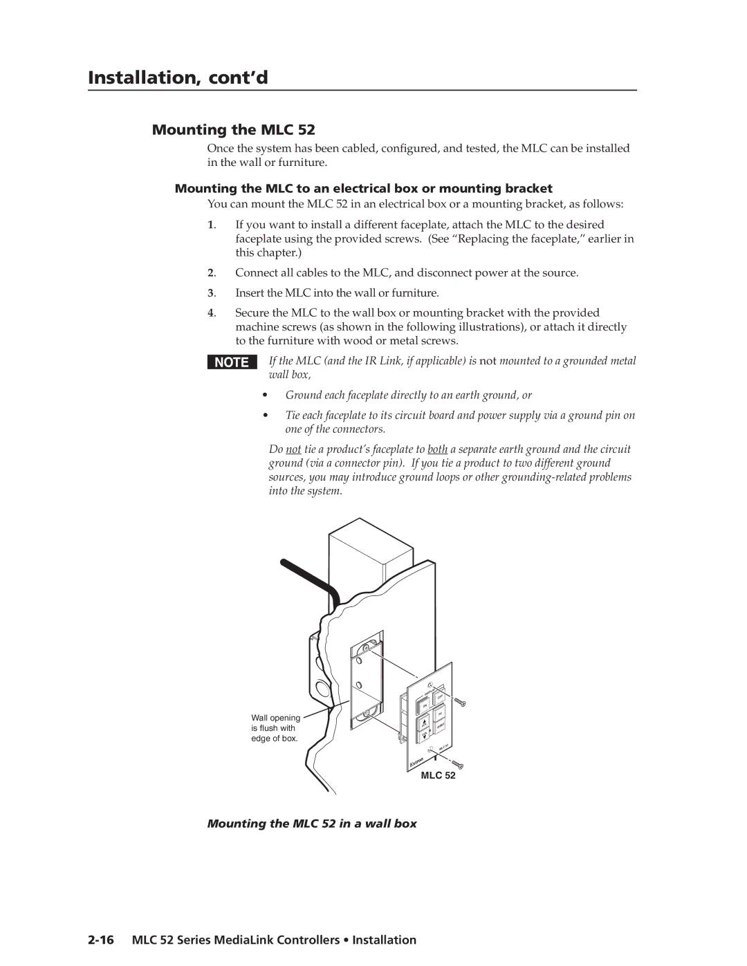 Extron electronic Mounting the MLC to an electrical box or mounting bracket, Mounting the MLC 52 in a wall box 