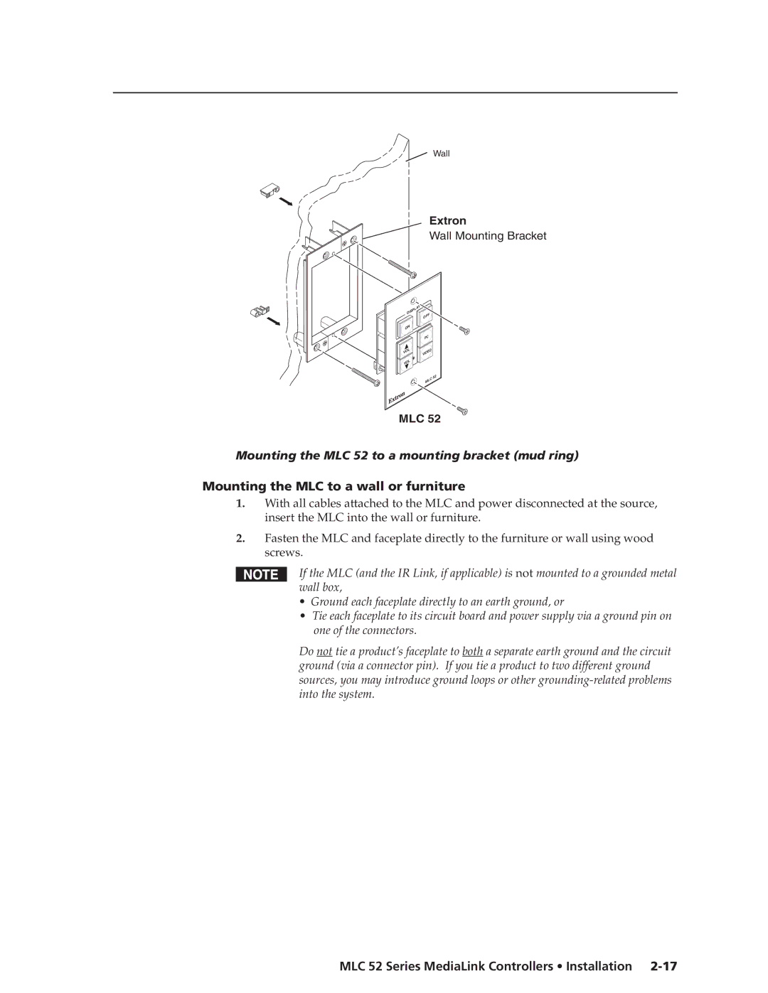 Extron electronic manual Mounting the MLC 52 to a mounting bracket mud ring, Mounting the MLC to a wall or furniture 