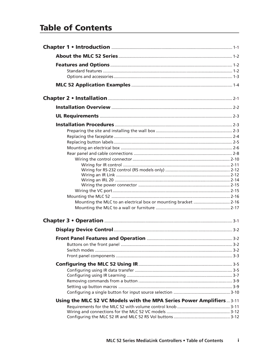 Extron electronic MLC 52 manual Table of Contents 