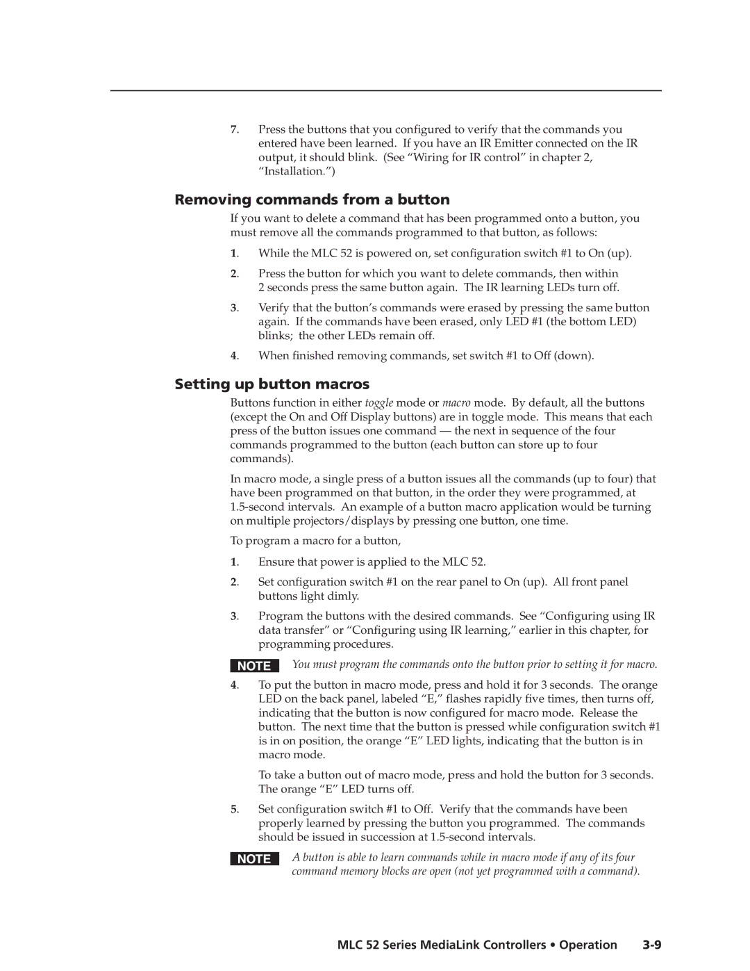 Extron electronic MLC 52 manual Removing commands from a button, Setting up button macros 