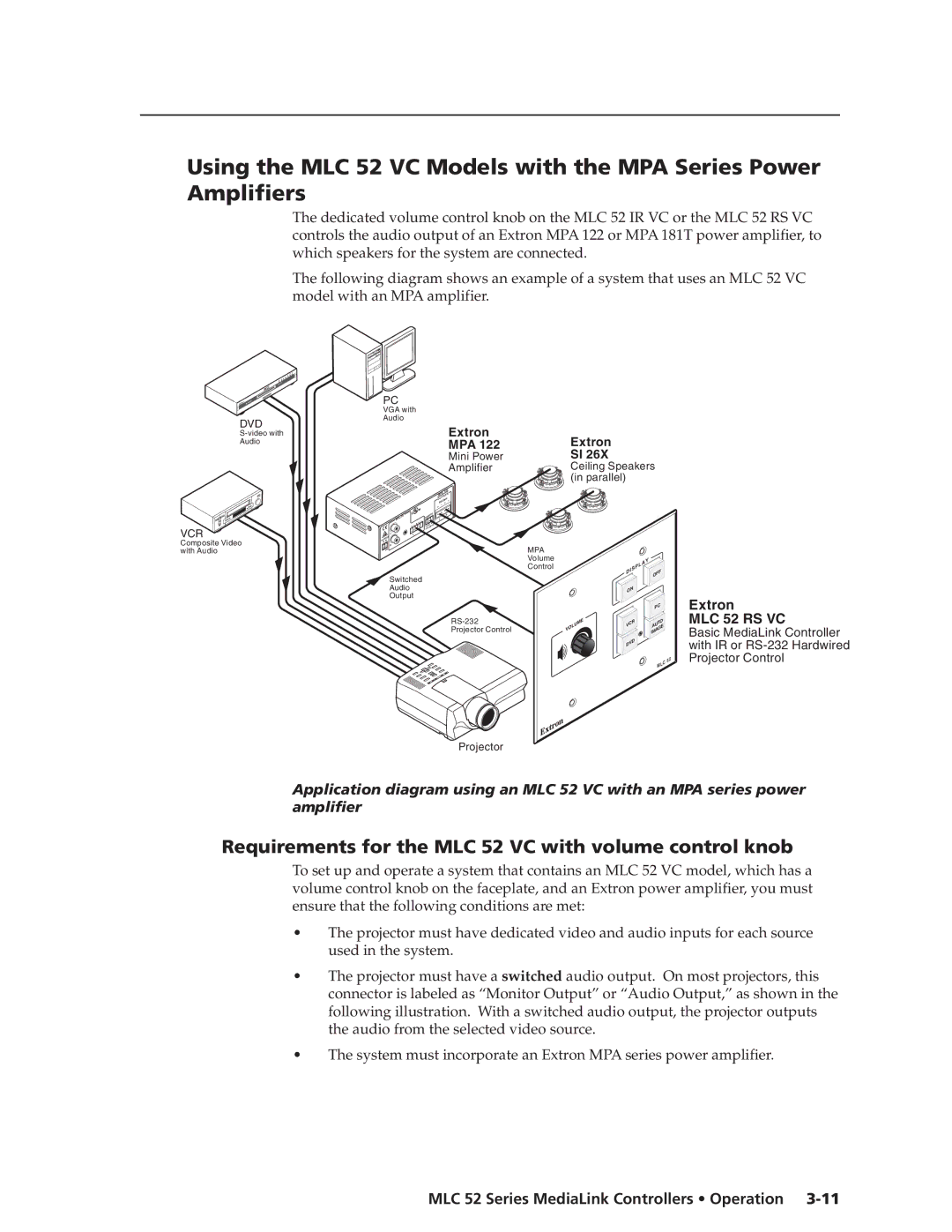 Extron electronic manual Requirements for the MLC 52 VC with volume control knob, Extron MPA 