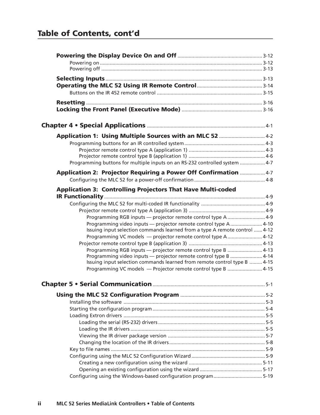 Extron electronic MLC 52 manual Table of Contents, cont’d 