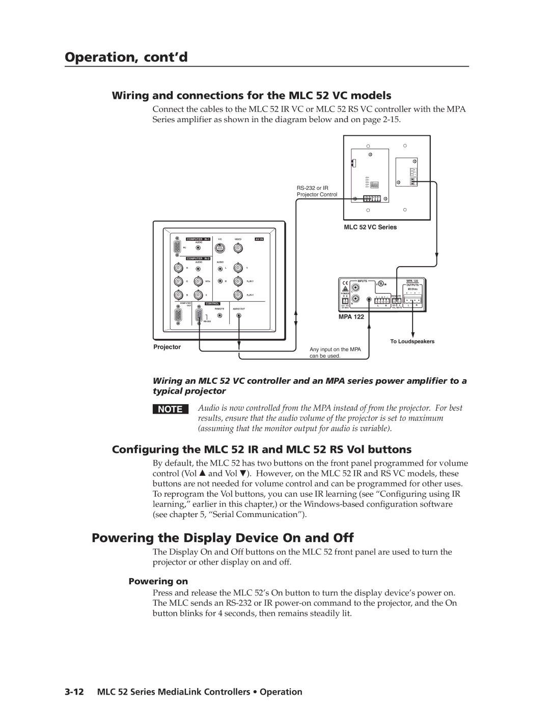 Extron electronic Powering the Display Device On and Off, Wiring and connections for the MLC 52 VC models, Powering on 