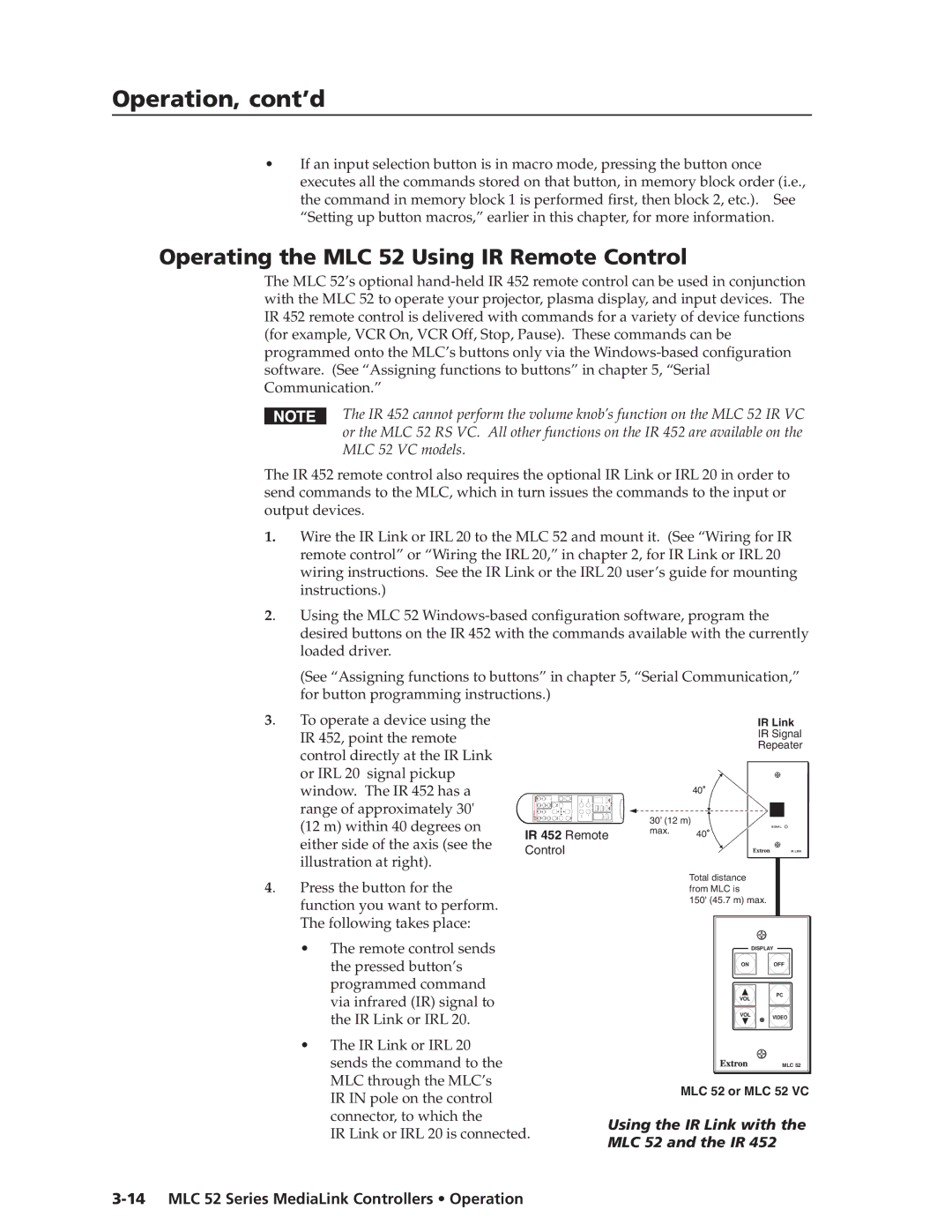 Extron electronic manual Operating the MLC 52 Using IR Remote Control, Using the IR Link with the MLC 52 and the IR 