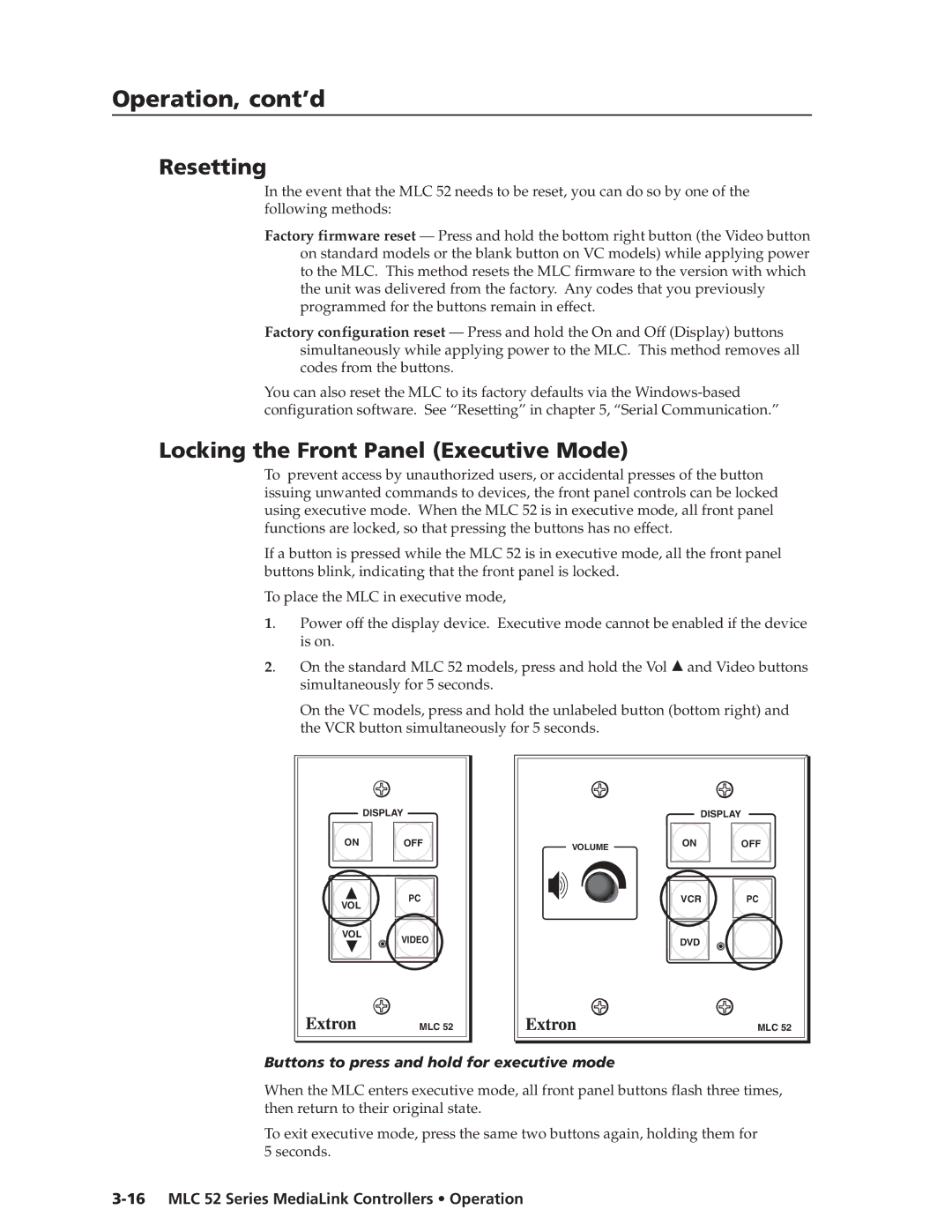 Extron electronic MLC 52 Resetting, Locking the Front Panel Executive Mode, Buttons to press and hold for executive mode 