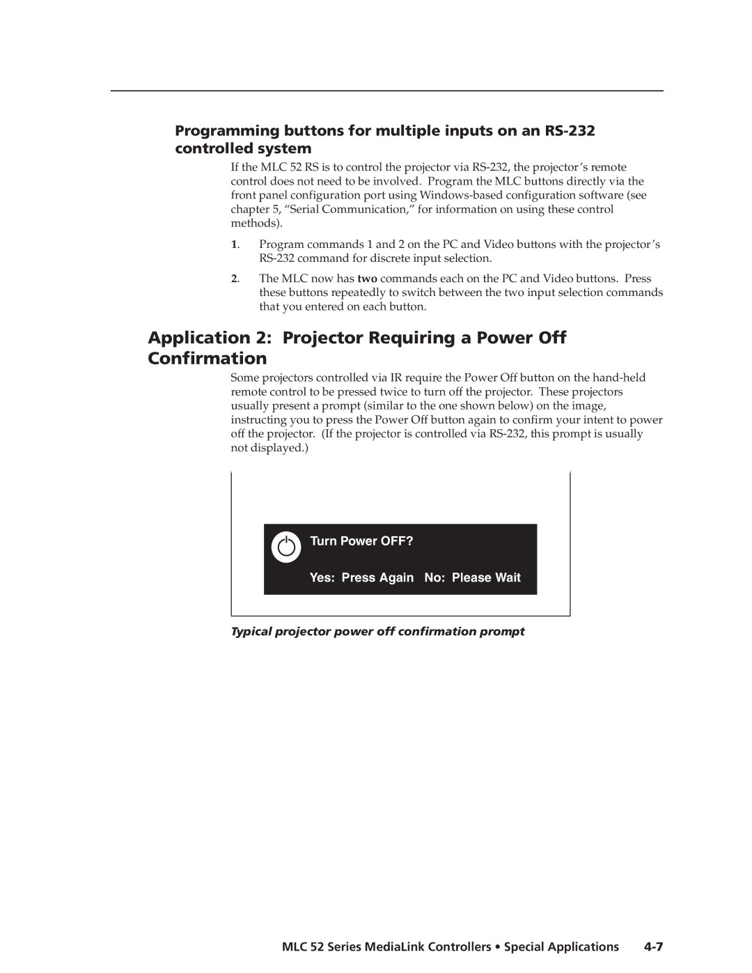 Extron electronic MLC 52 manual Application 2 Projector Requiring a Power Off Confirmation 