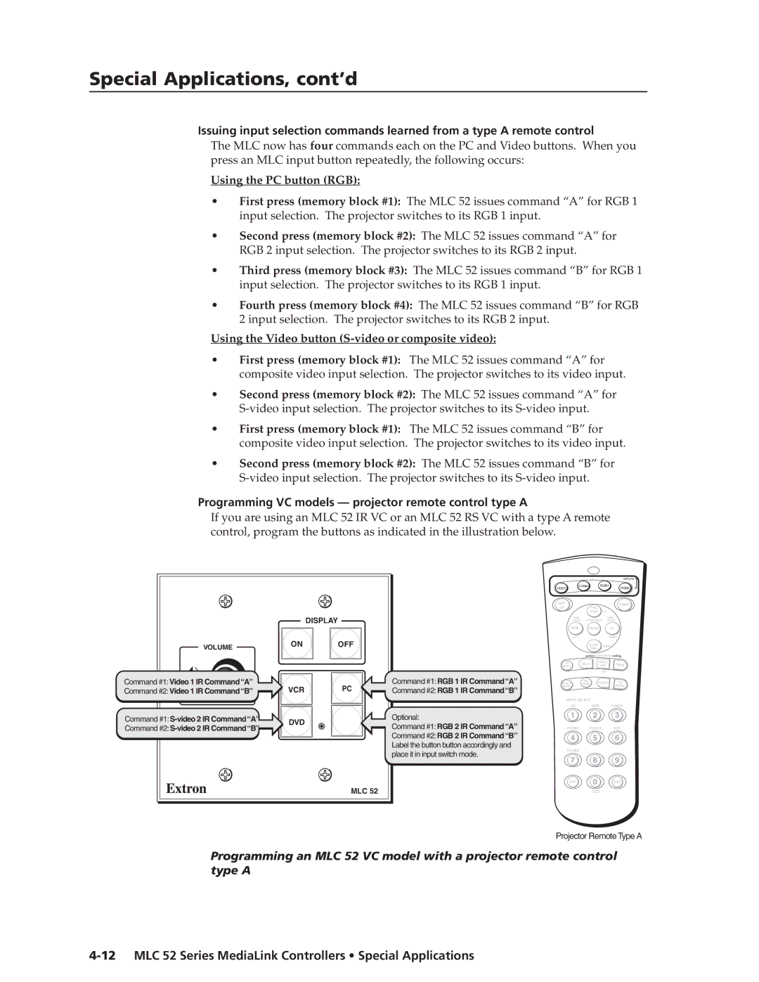 Extron electronic MLC 52 manual Using the PC button RGB, Programming VC models projector remote control type a 