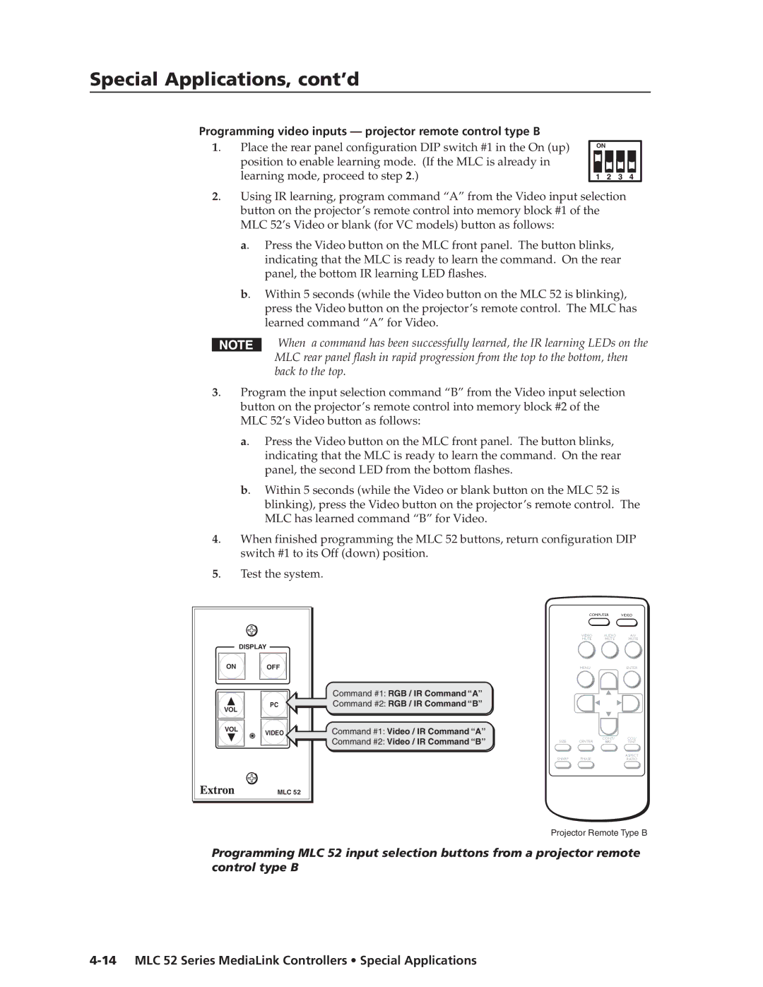 Extron electronic MLC 52 manual Programming video inputs projector remote control type B 