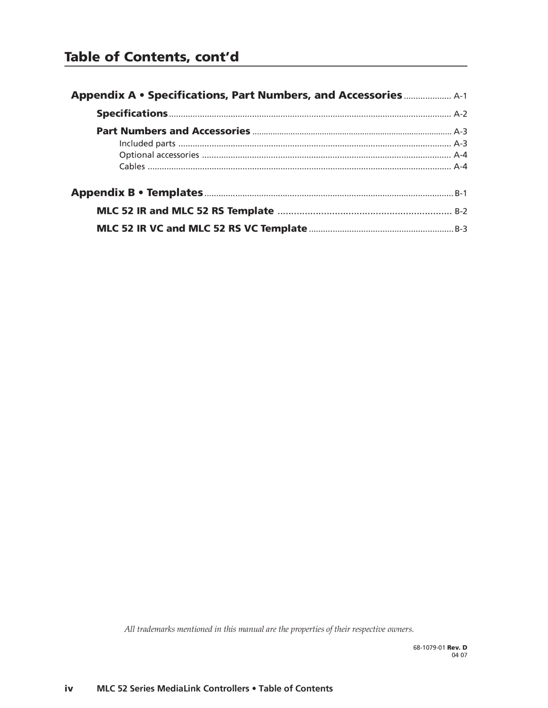 Extron electronic MLC 52 manual Appendix a Specifications, Part Numbers, and Accessories 