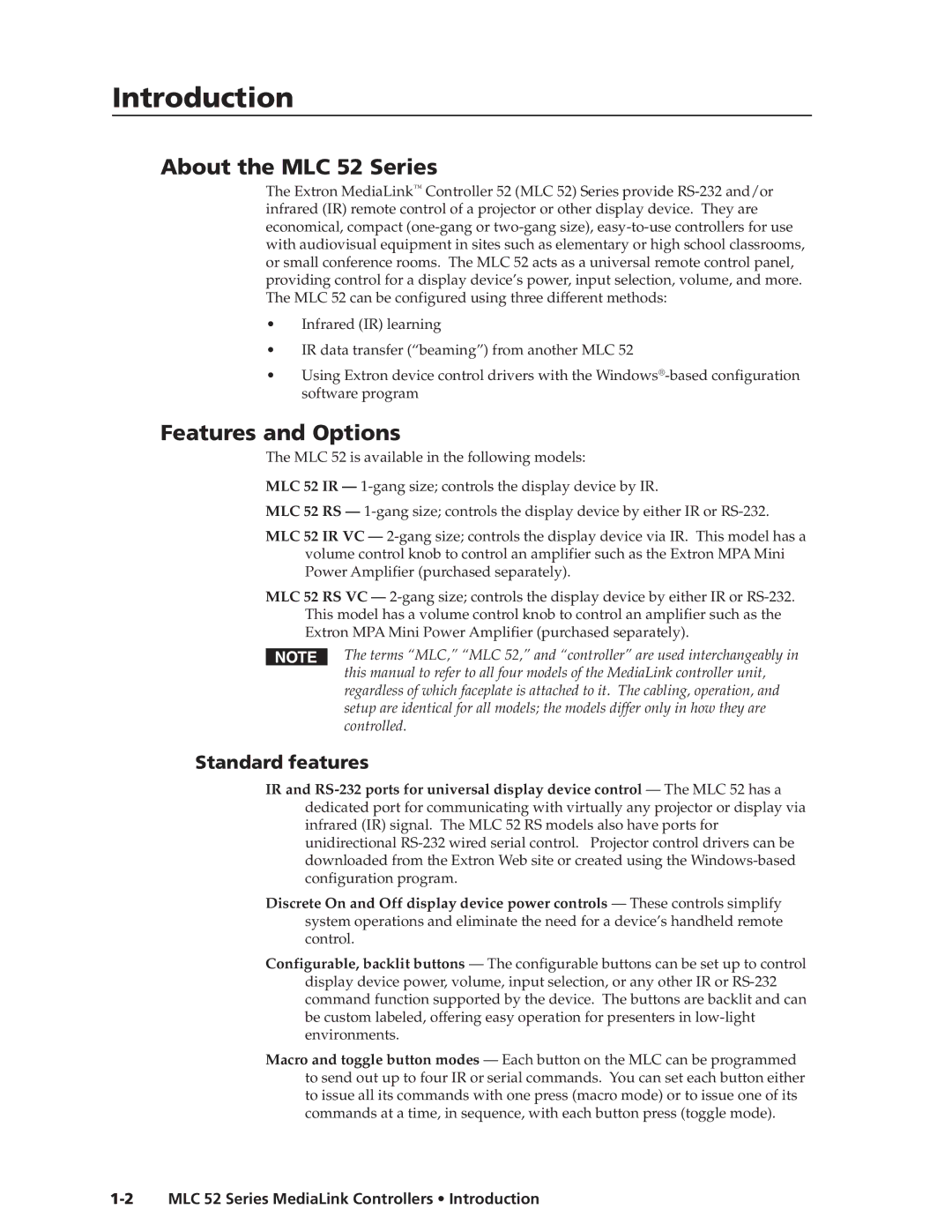 Extron electronic manual About the MLC 52 Series, Features and Options, Standard features 