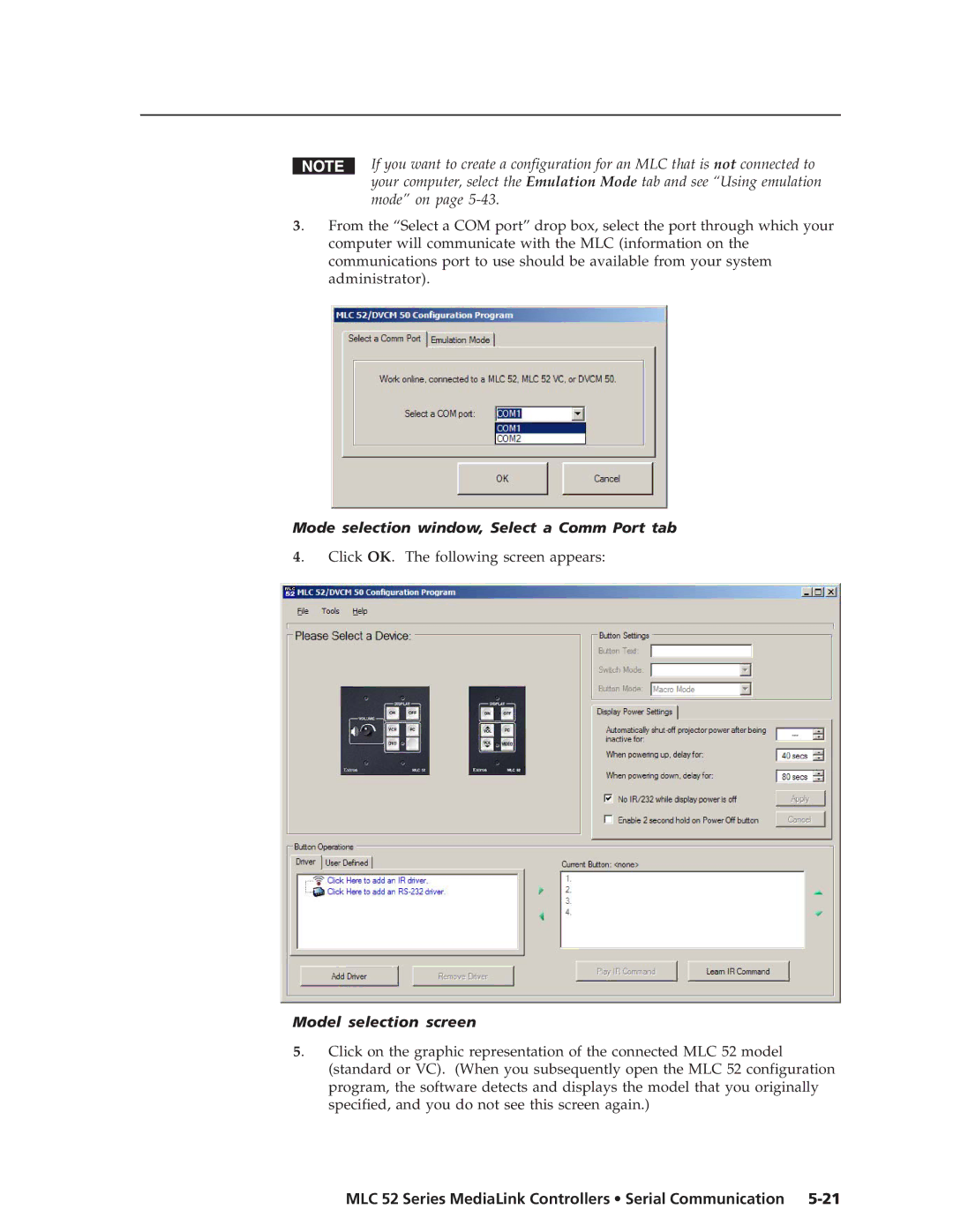 Extron electronic MLC 52 manual Mode selection window, Select a Comm Port tab, Model selection screen 