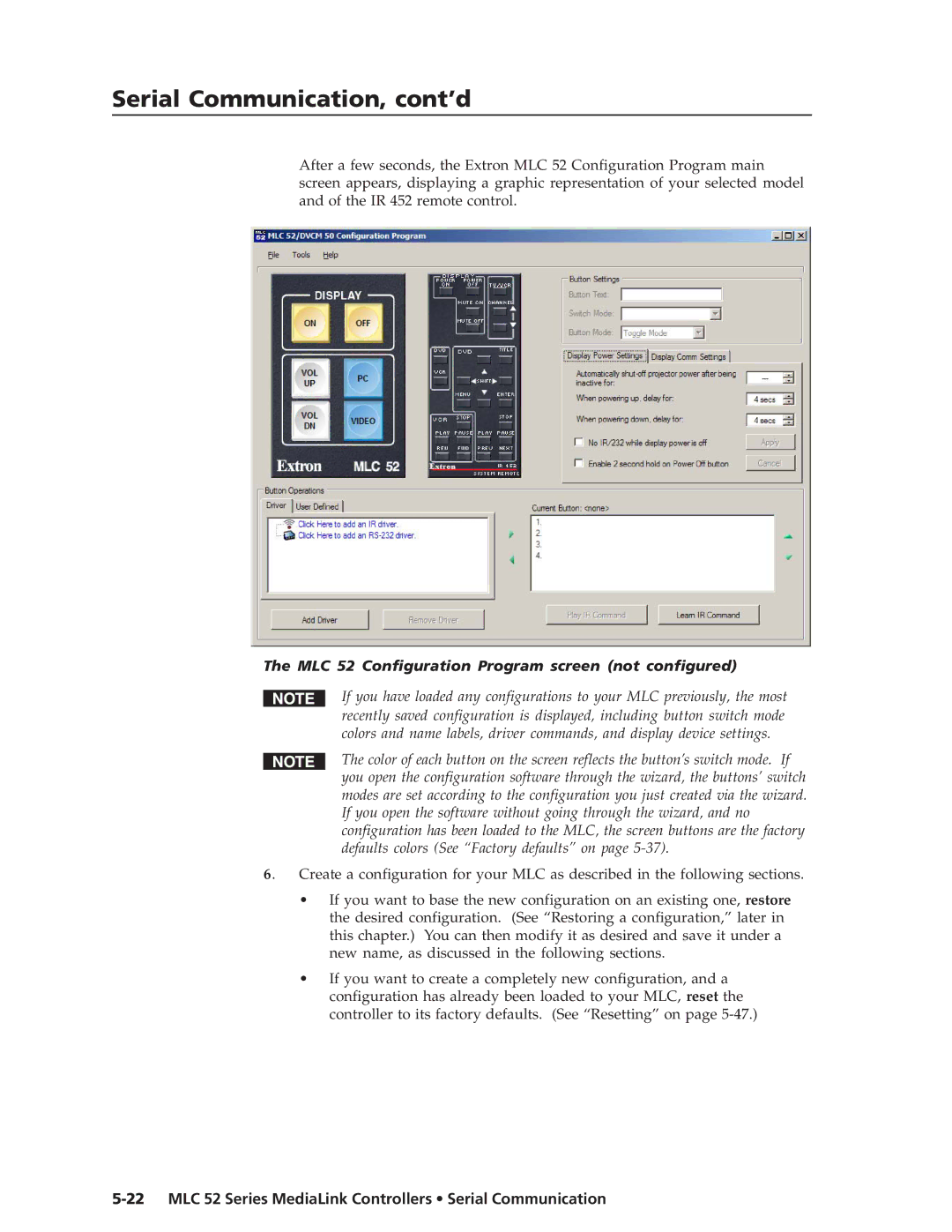 Extron electronic manual MLC 52 Configuration Program screen not configured 