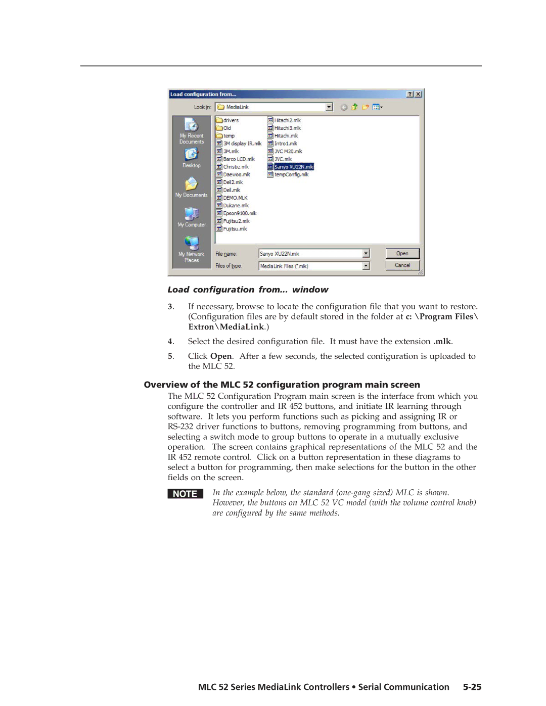 Extron electronic manual Load configuration from... window, Overview of the MLC 52 configuration program main screen 