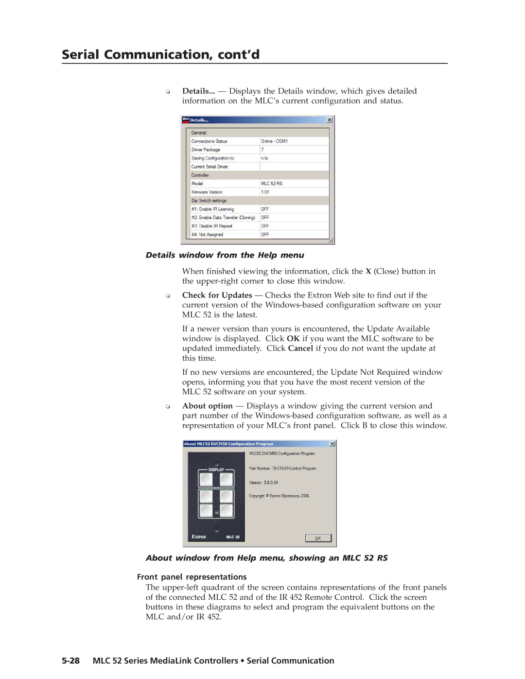 Extron electronic manual Details window from the Help menu, About window from Help menu, showing an MLC 52 RS 