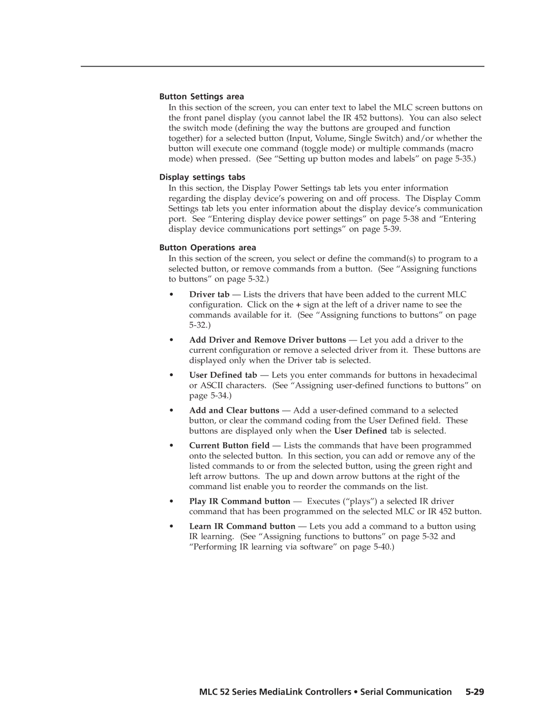 Extron electronic MLC 52 manual Button Settings area, Display settings tabs, Button Operations area 