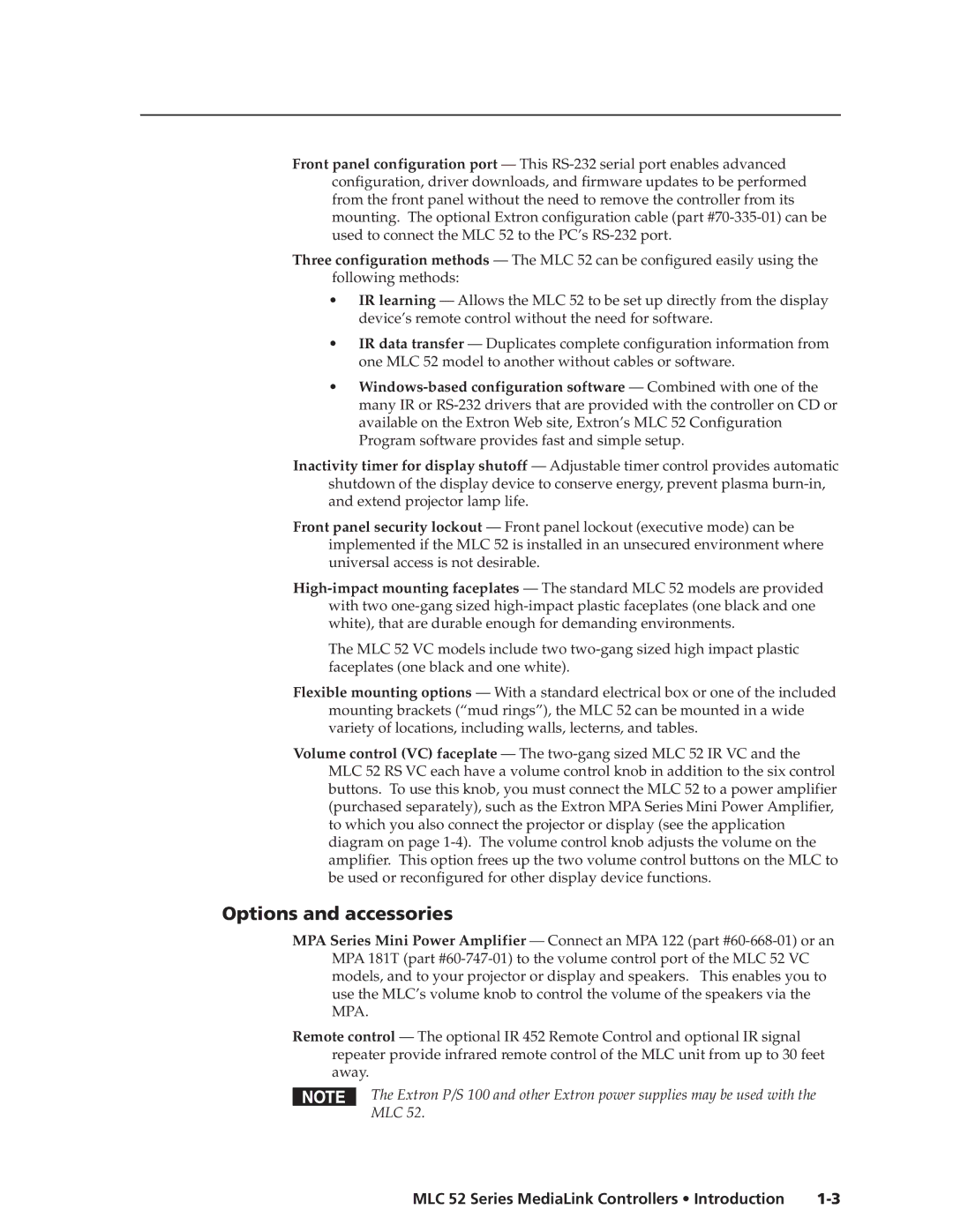 Extron electronic MLC 52 manual Options and accessories 