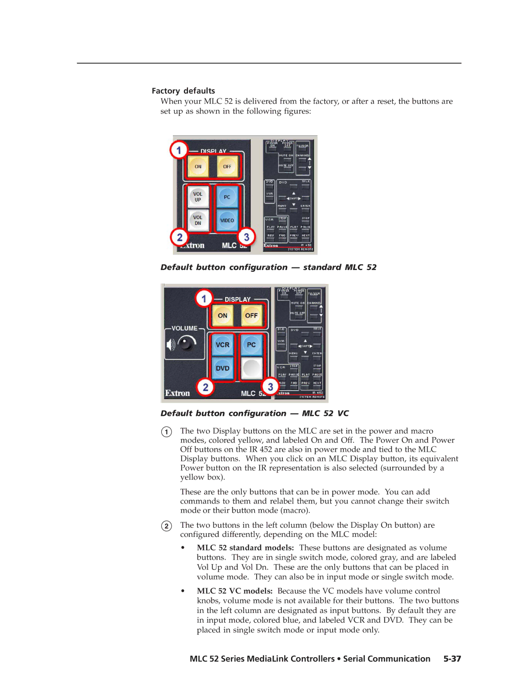 Extron electronic MLC 52 manual Factory defaults 