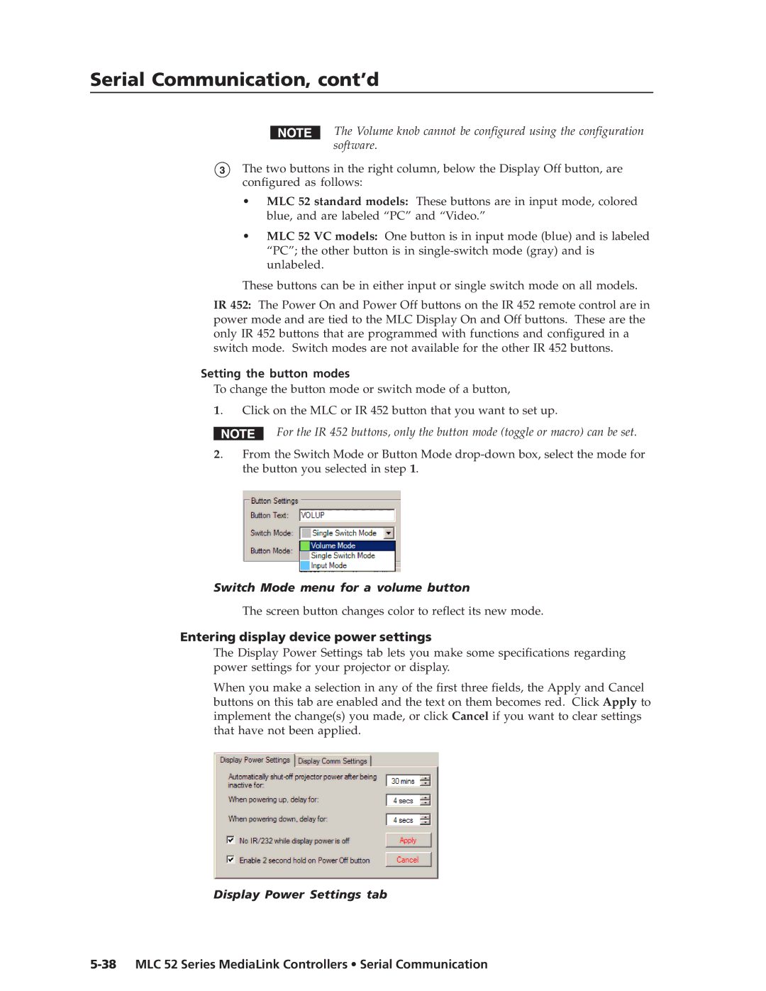 Extron electronic MLC 52 manual Setting the button modes, Switch Mode menu for a volume button, Display Power Settings tab 