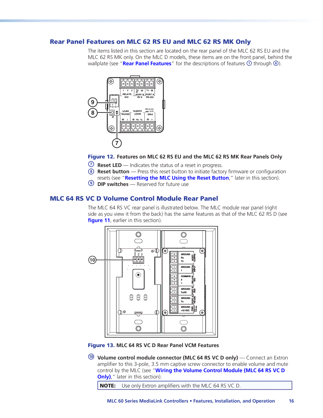 Extron electronic MLC 62 IR D manual Rear Panel Features on MLC 62 RS EU and MLC 62 RS MK Only 