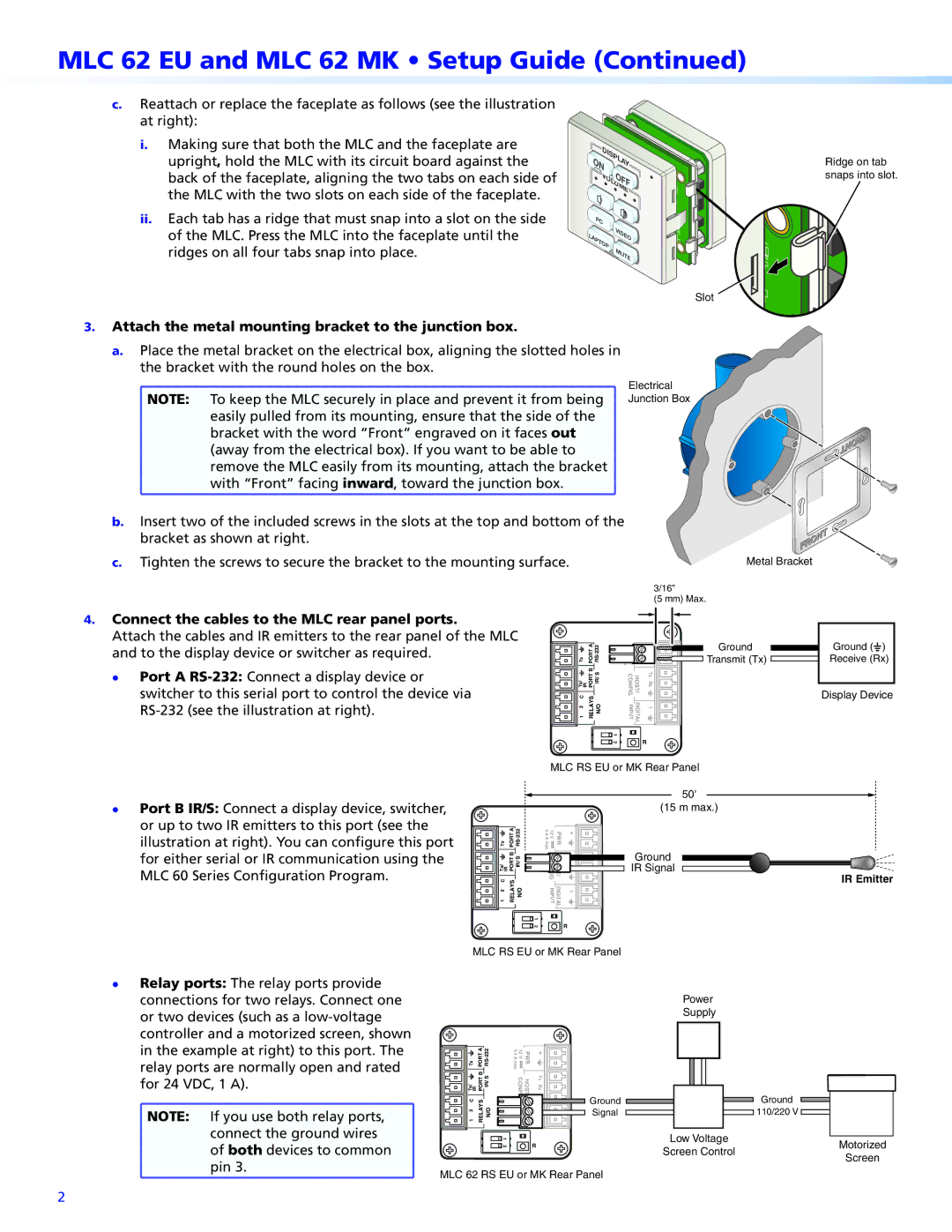 Extron electronic MLC 62 RS MK MLC 62 EU and MLC 62 MK Setup Guide, Attach the metal mounting bracket to the junction box 