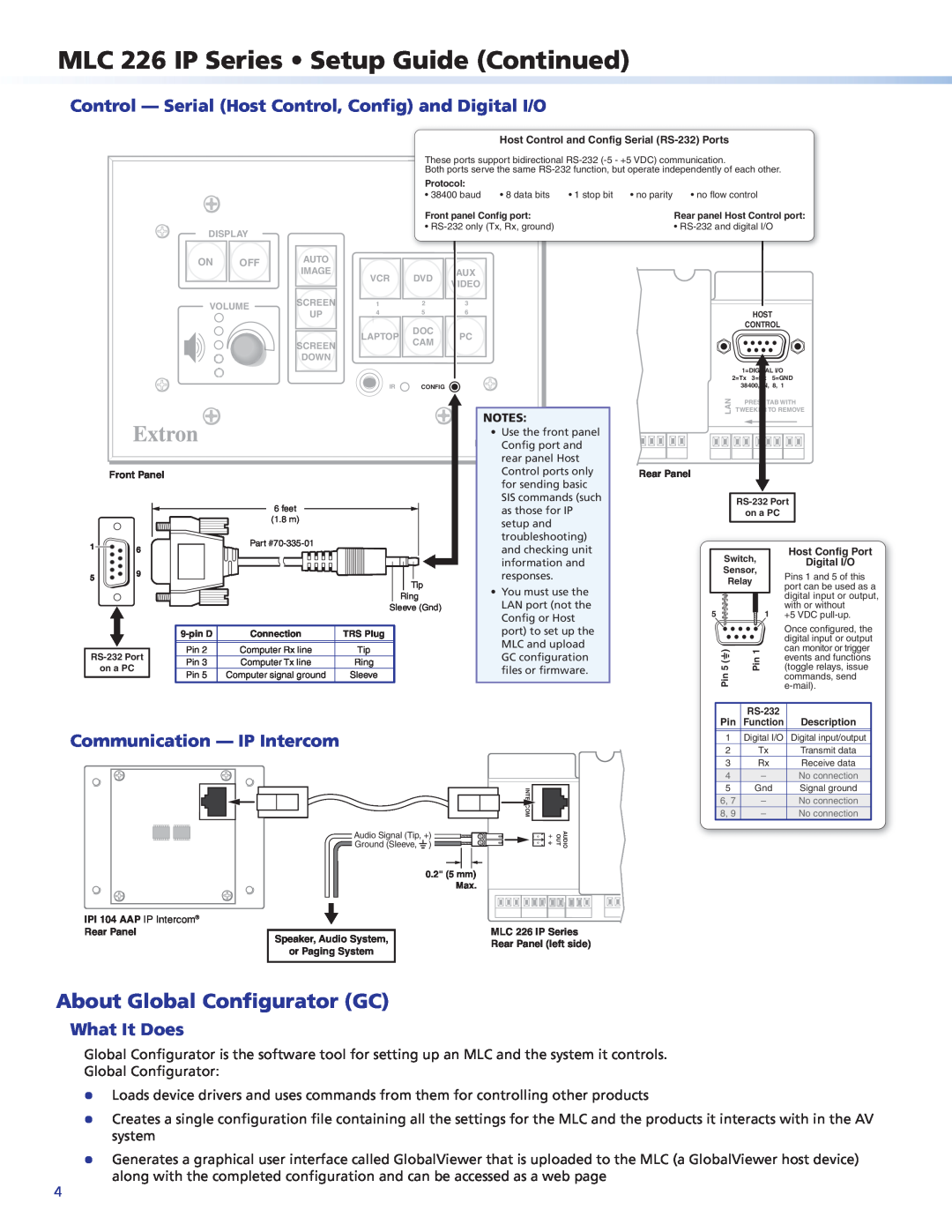 Extron electronic MLC226IP setup guide About Global Configurator GC, Control - Serial Host Control, Config and Digital I/O 