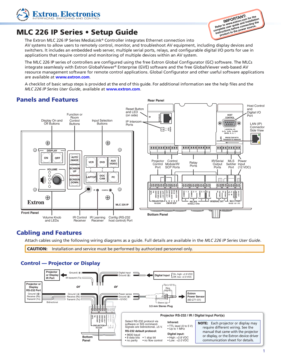 Extron electronic MLC226IP setup guide Panels and Features, Cabling and Features, Control Projector or Display 