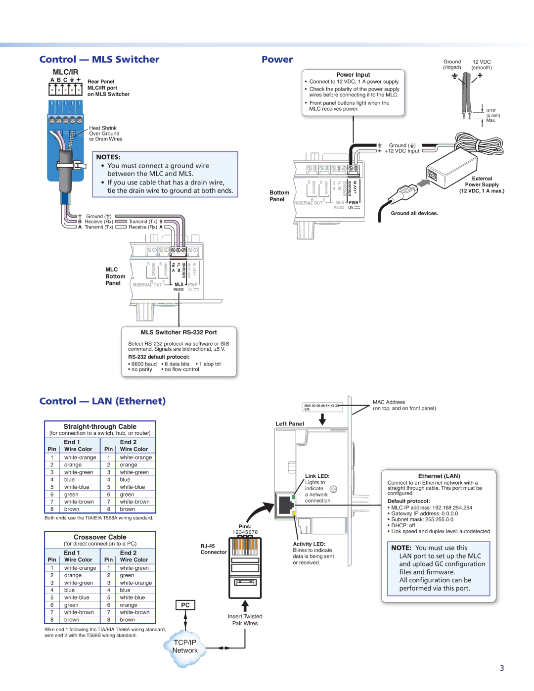 Extron electronic MLC226IP setup guide Control MLS Switcher, Power, Control LAN Ethernet 