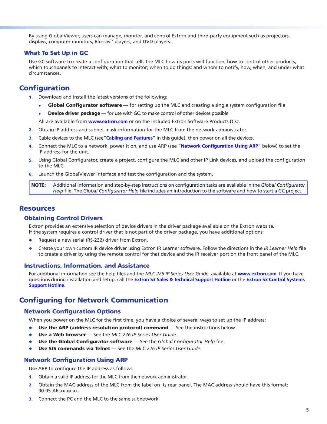 Extron electronic MLC226IP setup guide Configuration, Resources, Configuring for Network Communication 