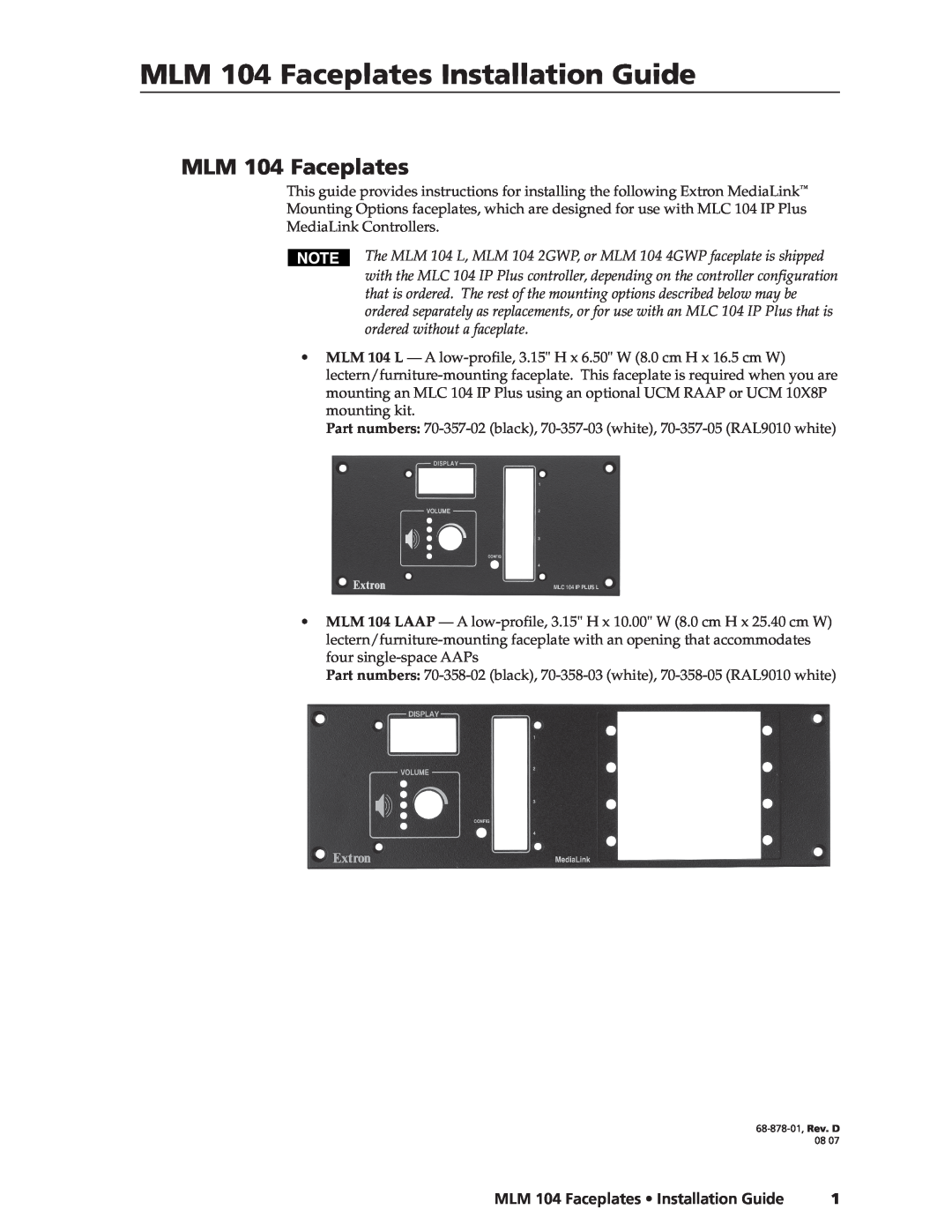 Extron electronic MLM 104 4GWP, MLM 104 2GWP, MLM 104 LAAP manual MLM 104 Faceplates Installation Guide 