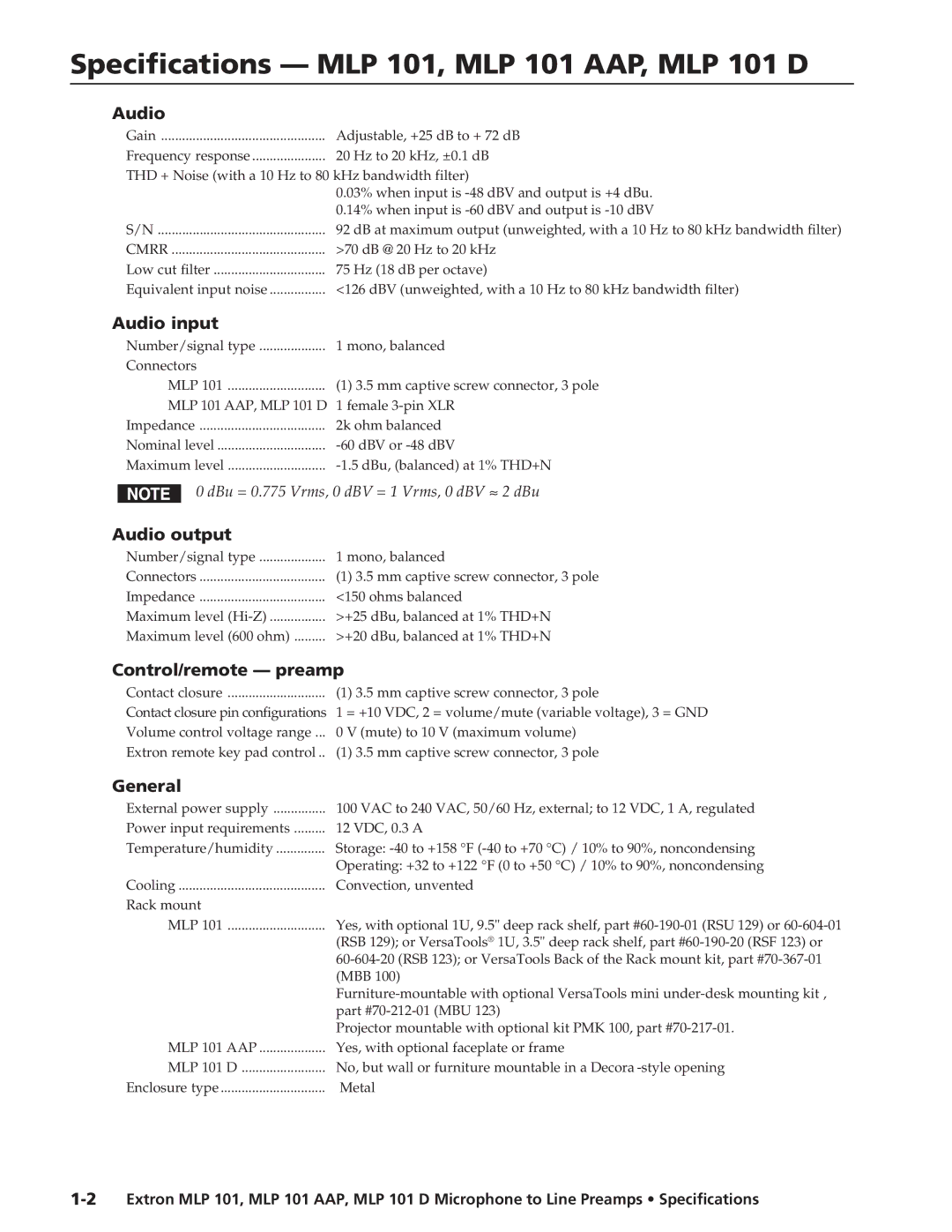 Extron electronic specifications Specifications MLP 101, MLP 101 AAP, MLP 101 D 