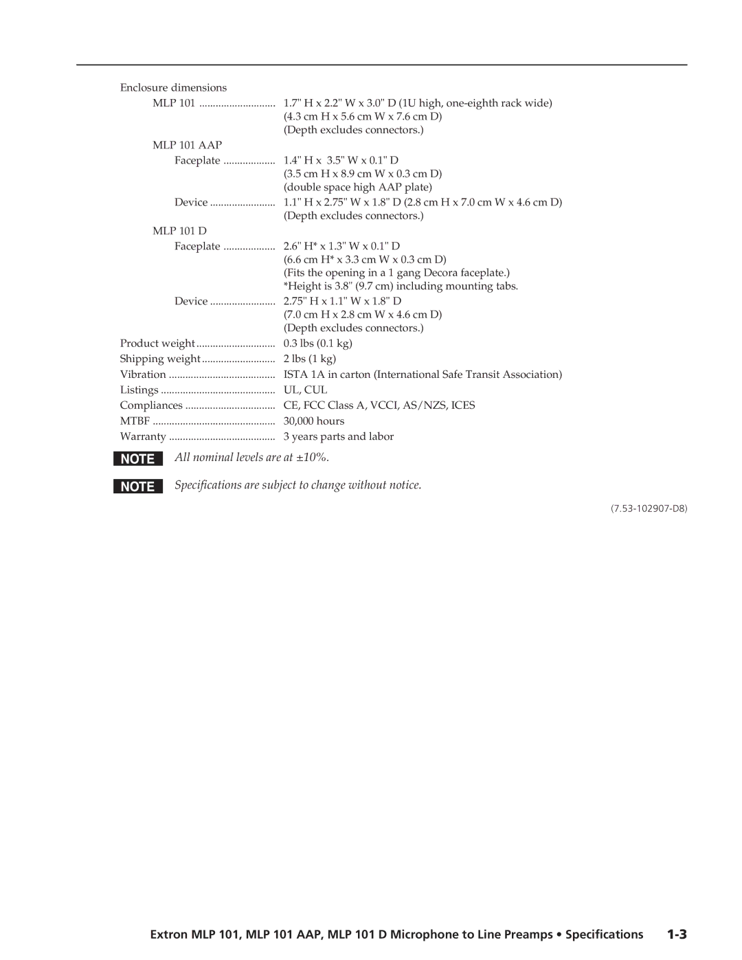 Extron electronic MLP 101 D, MLP 101 AAP specifications Ul, Cul 